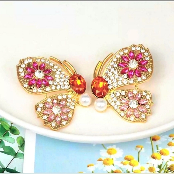Large Retro Gold Plated Muticolor Crystal flower butterfly earrings - Picture 4 of 16